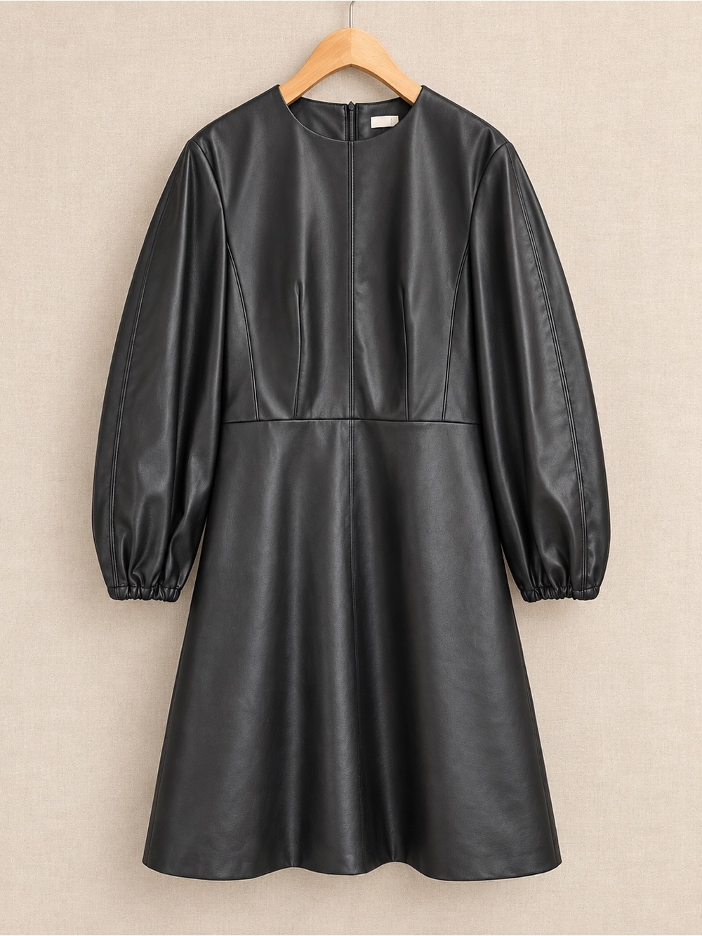 TIBI Structured Faux Leather Mini Dress Black Balloon Sleeve Pockets Size 2